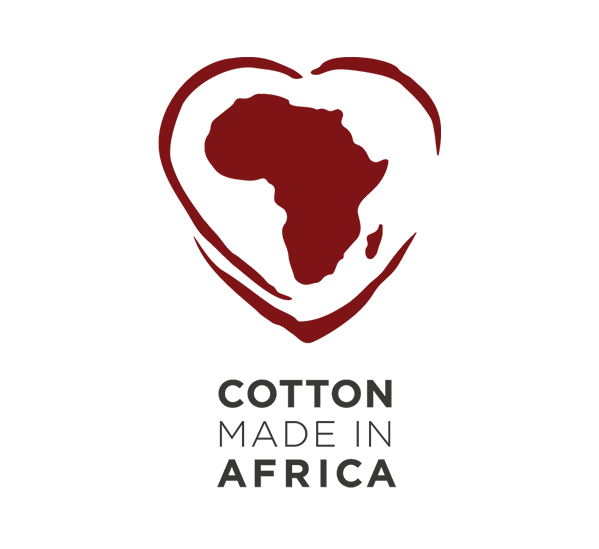 Heart-shaped design with Africa silhouette in red, labeled "Cotton Made in Africa" below.