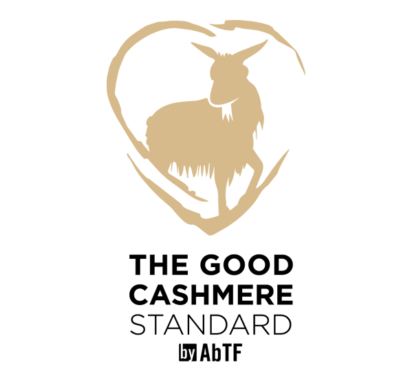A goat silhouette inside a heart shape with the text "The Good Cashmere Standard by AbTF" below.