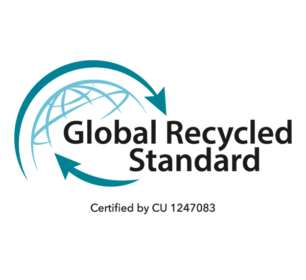 Global Recycled Standard logo with a curved arrow design and text "Certified by CU 1247083" below.