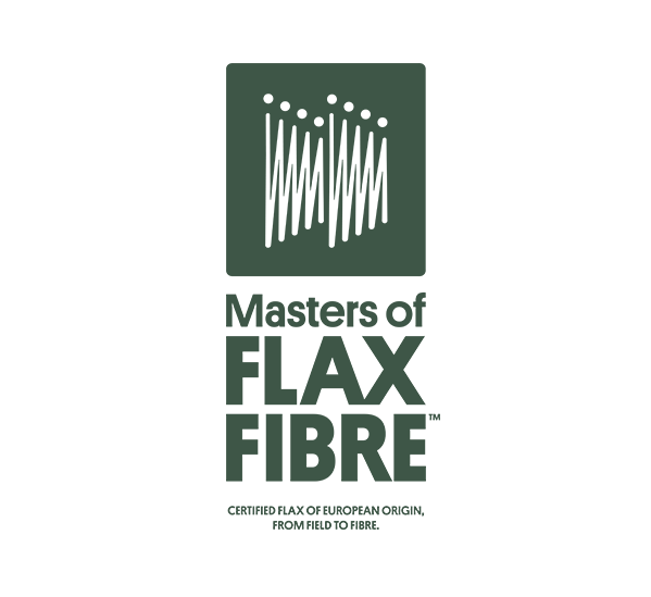 Logo featuring a stylized pattern and the text "Masters of FLAX FIBRE" with a note about certified European flax origin.