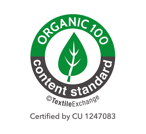 Organic 100 Content Standard logo with a leaf icon, certified by CU 1247083 by Textile Exchange.