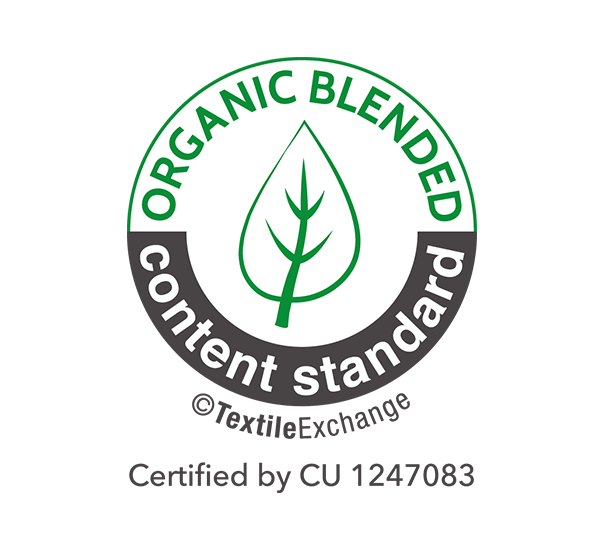 Logo of the Organic Blended Content Standard, featuring a leaf design and certification by CU 1247083.