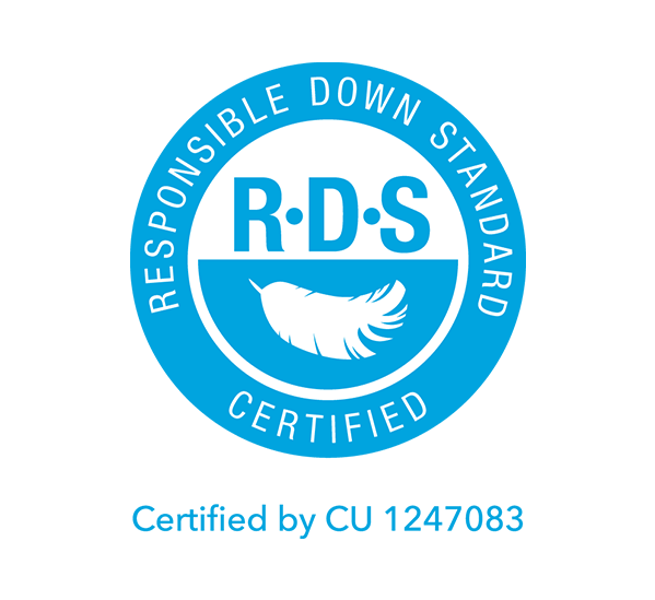RDS logo with a feather, reading "Responsible Down Standard Certified" and "Certified by CU 1247083" below.