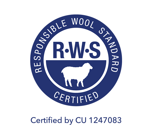 A blue circular logo with "RWS" and a sheep silhouette, surrounded by "Responsible Wool Standard Certified"; text below reads "Certified by CU 1247083".