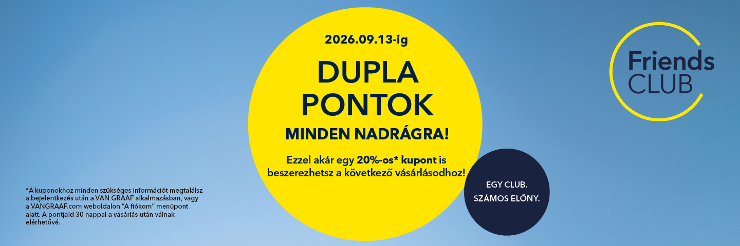 Reklámgrafika, amely a "Dupla pontok minden nadrágra" akciót mutatja be, világoskék háttéren, kör alakú mintákkal.