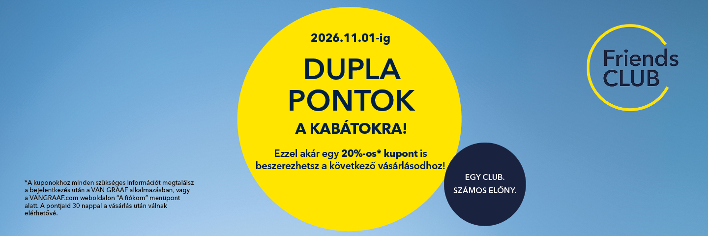 Friends Club promóció kék háttérrel, "Dupla pontok a kabátokra" felirattal és fontos részletekkel a résztvevők számára.